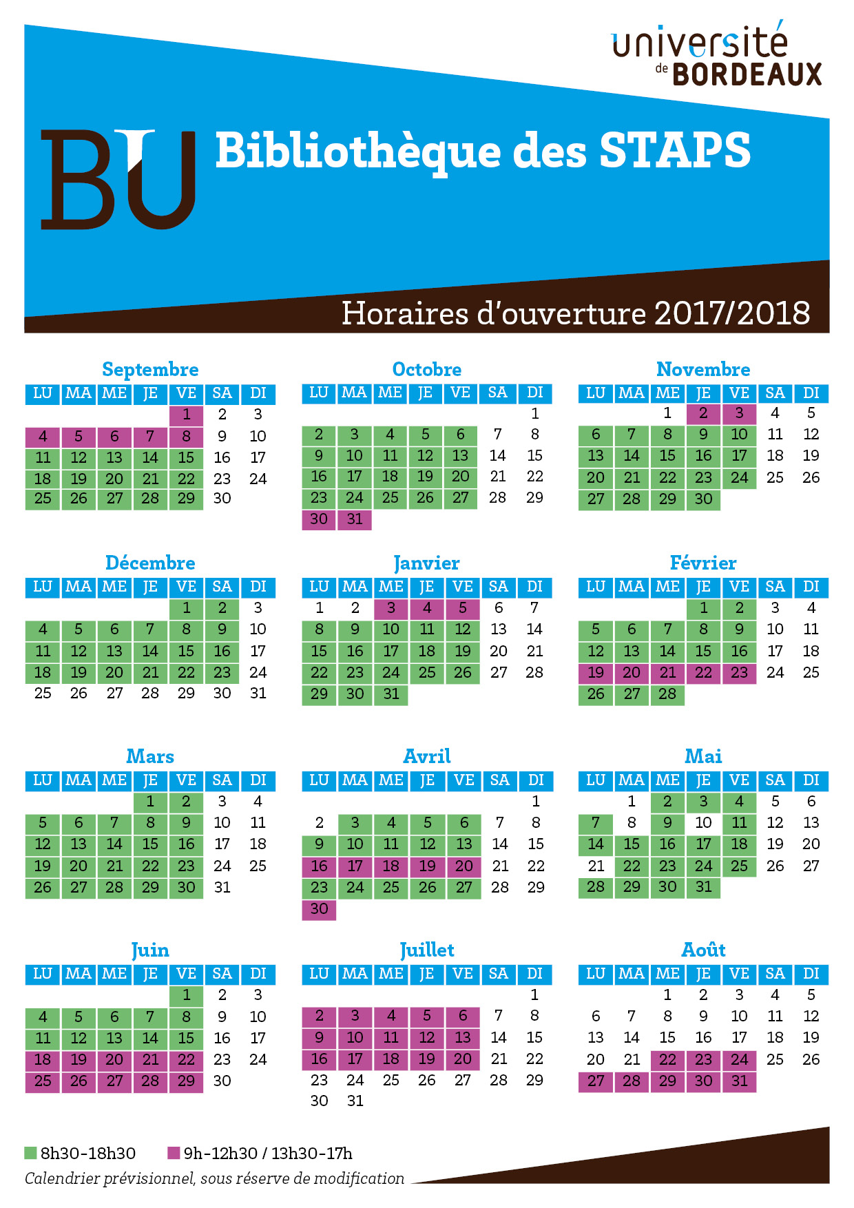 Horaires bib STAPS 2017-2018