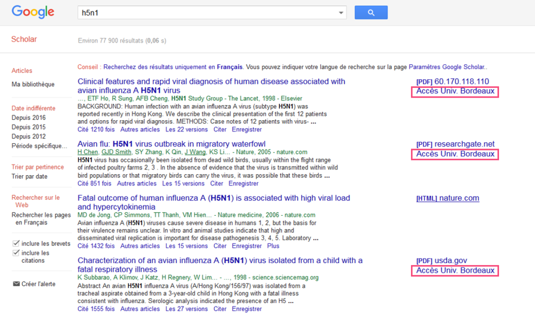 Affichage des résultats sur Google Scholar